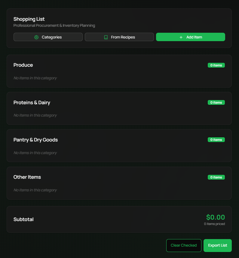 Menu Costing Interface