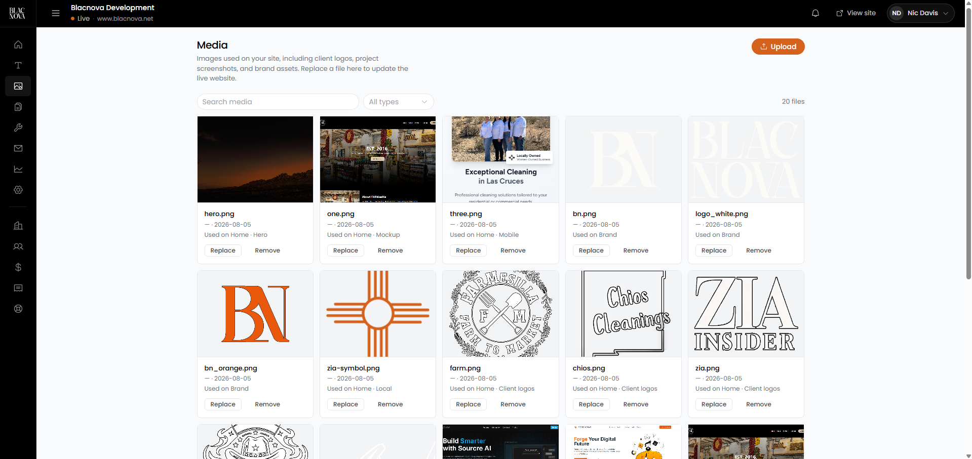 Blacnova Dashboard Media library with logos, hero images, and client brand assets