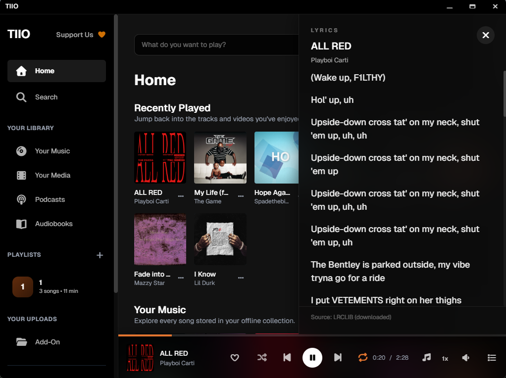 Lyrics view inside TIIO player