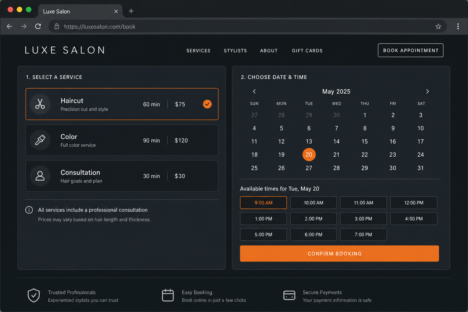 Schematic example of a service booking website with service list and calendar
