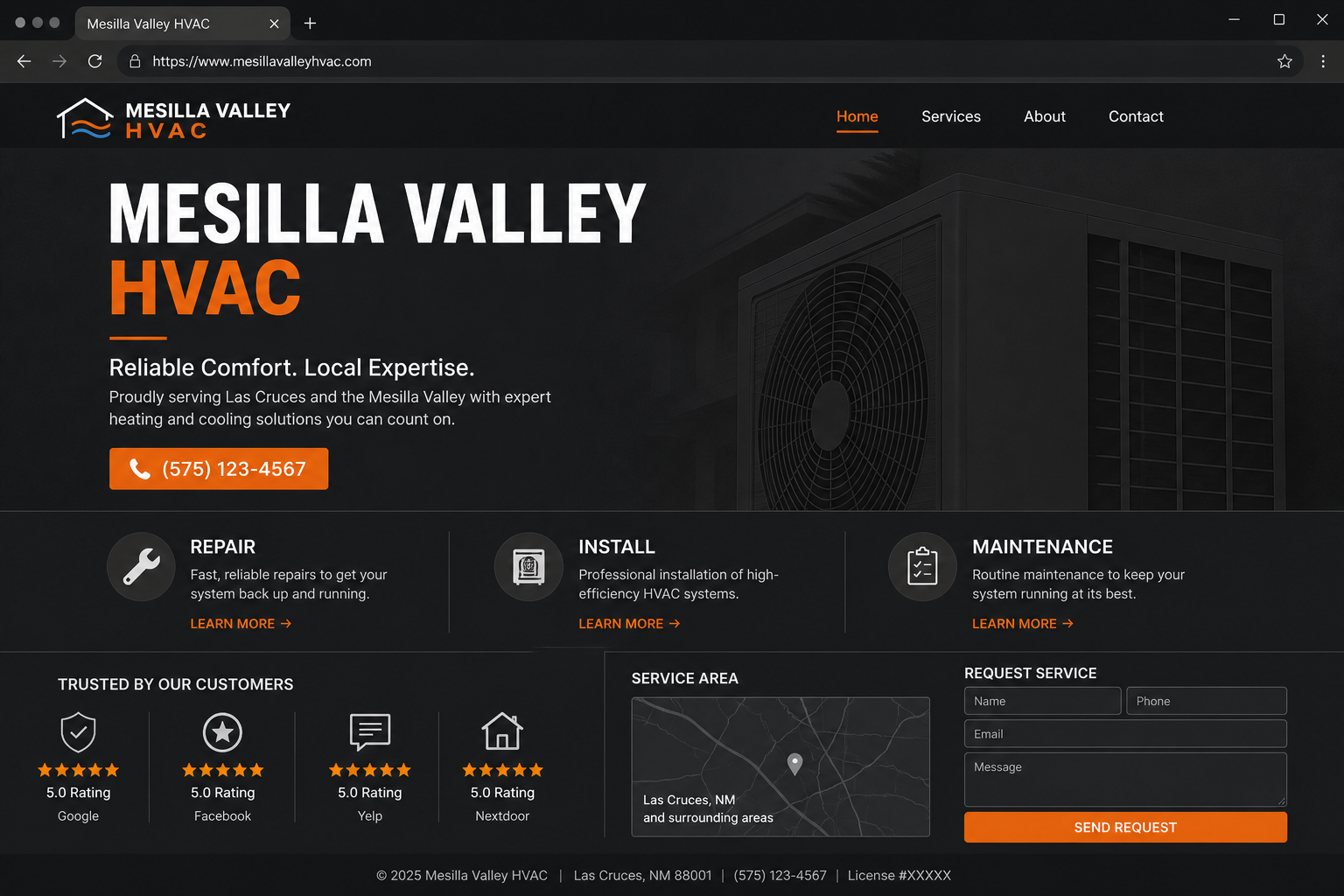 Schematic example of a local brochure website with services, trust signals, map, and contact form