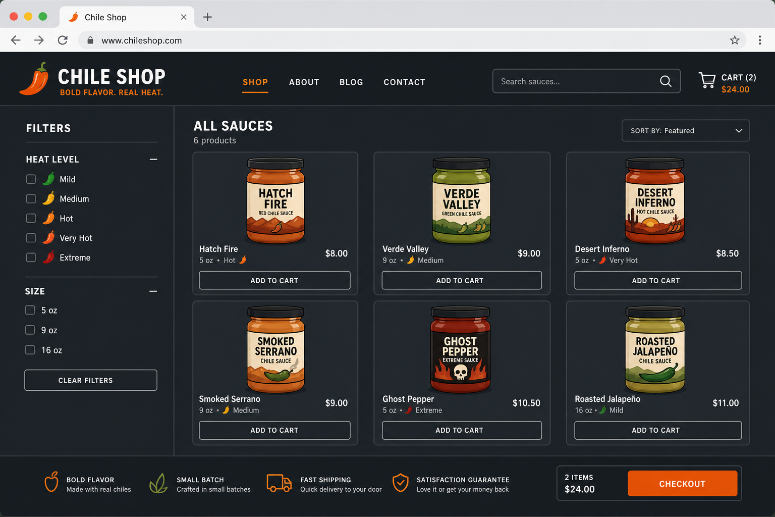 Schematic example of an ecommerce product grid with cart and filters
